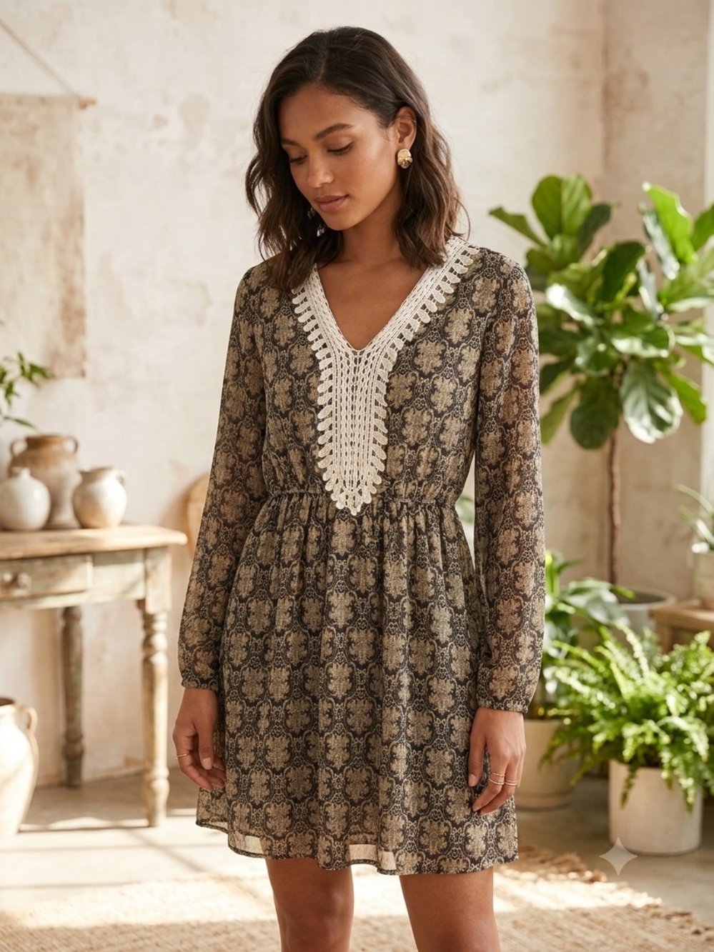 Ya Los Angeles Olive and Black Crochet V-Neck Long Sleeve Dress